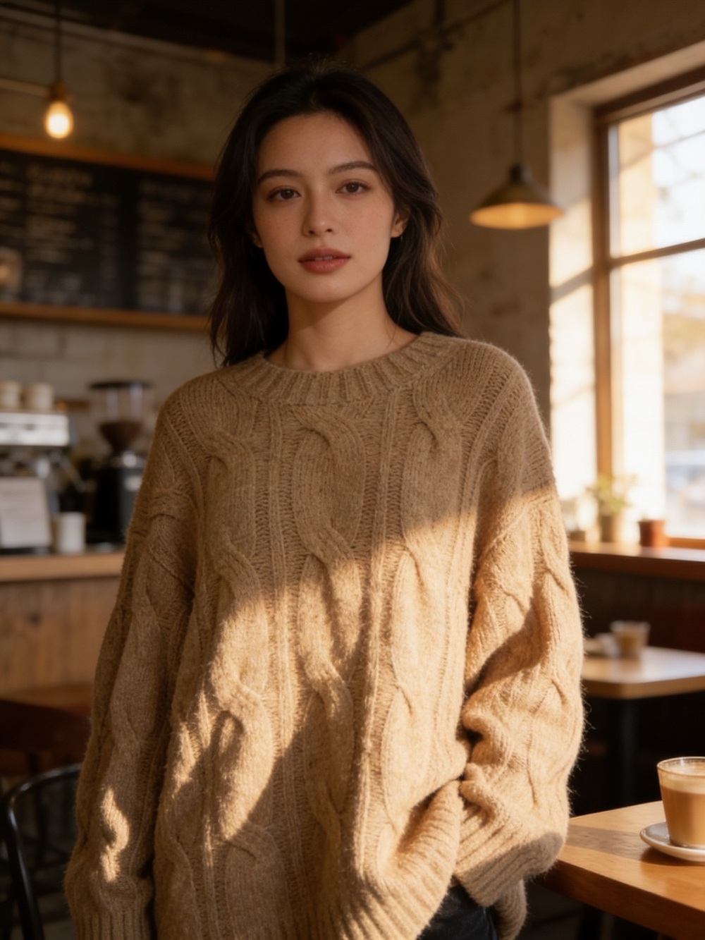 American Eagle Cable Knit Sweater Beige Tan Oversized Crewneck Medium